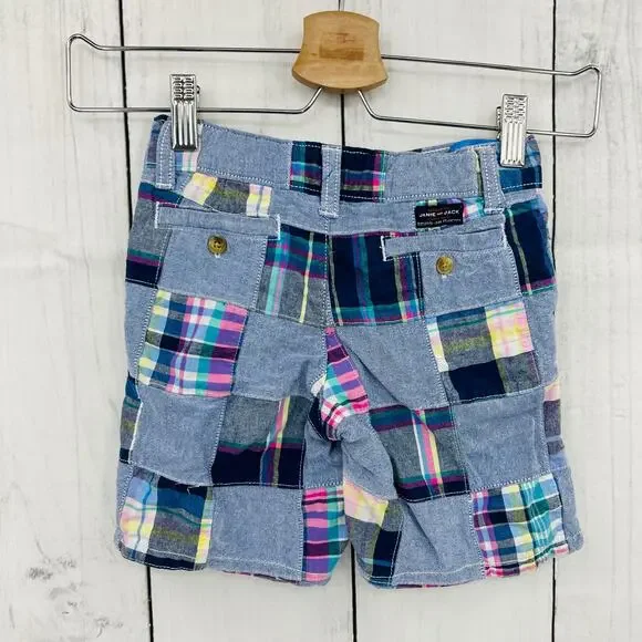 Janie and Jack (4) Little Girls Plaid Blue Denim Board Shorts - Picture 2 of 9